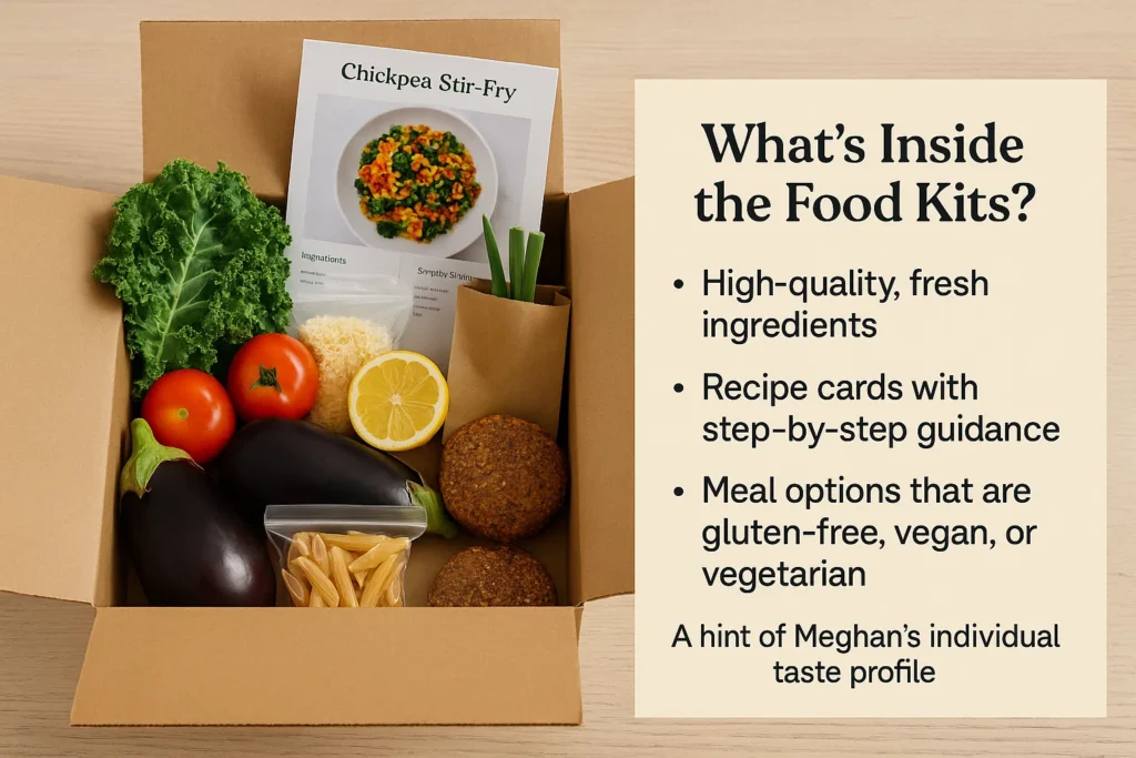 Inside Buy Meghan Markle Cooking Show Food Kits with recipes and ingredients.