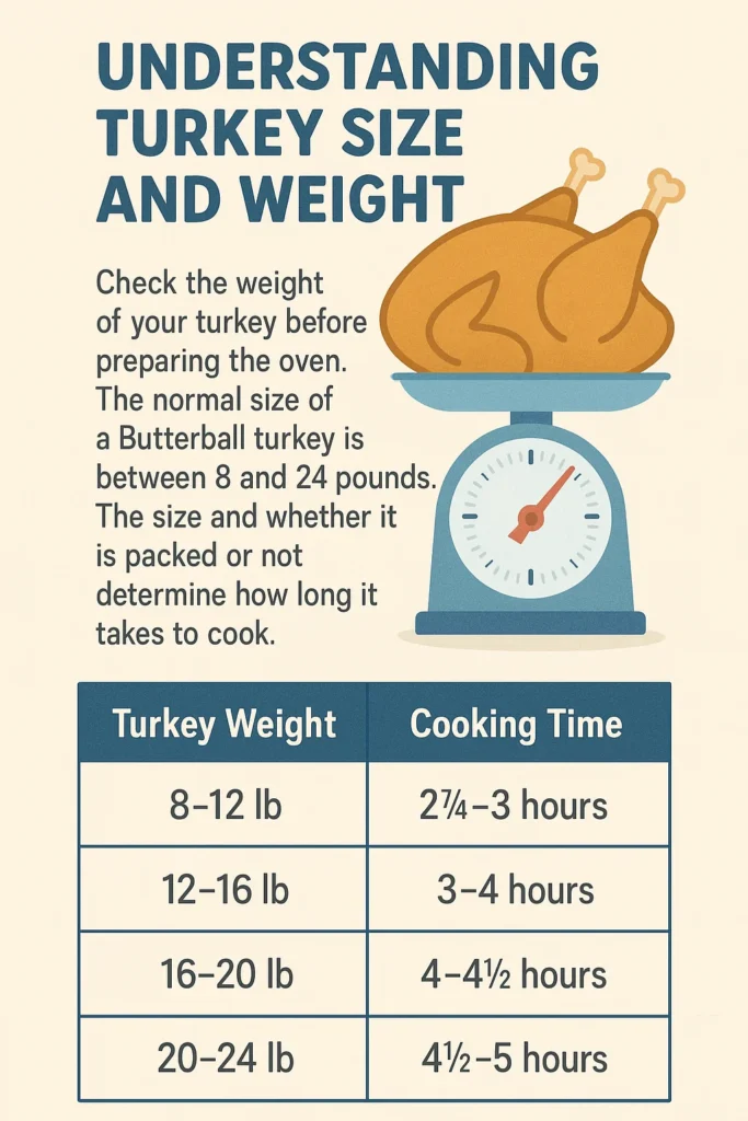 Chart showing different turkey sizes and weights affecting Butterball turkey cooking time.