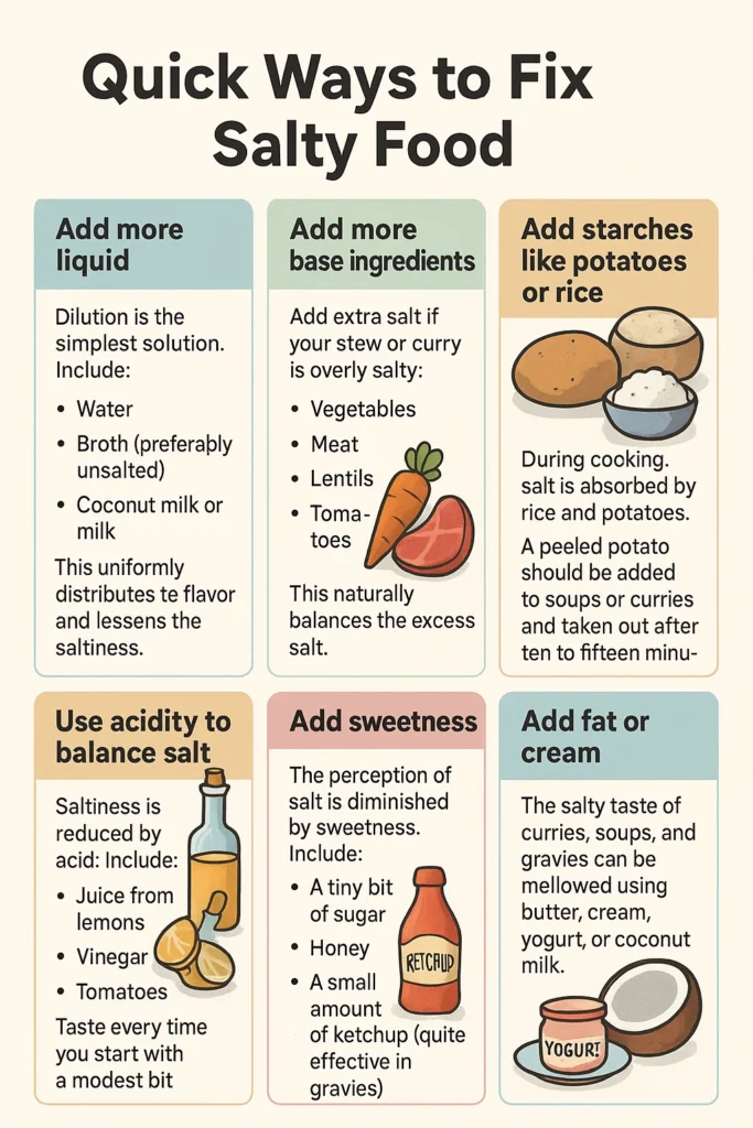 Quick ways to fix salty food using simple ingredients like potatoes, dairy, and sugar.