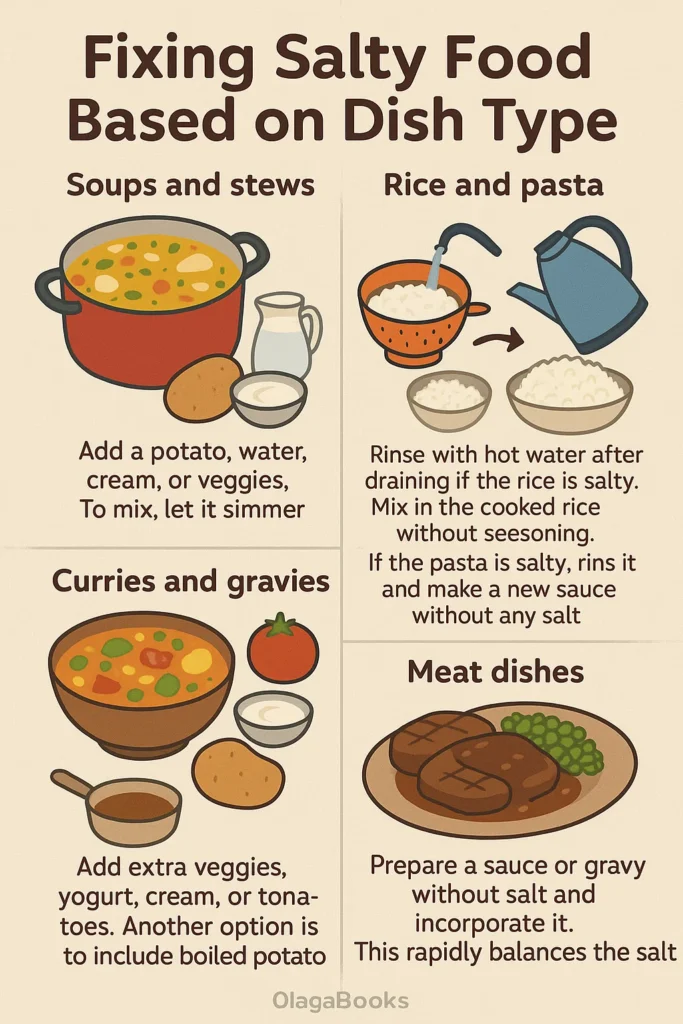 Fixing salty food based on dish type with simple solutions for soups, curries, meats, and rice.