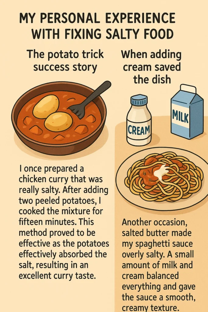 Personal experience showing how to fix salty food using simple kitchen techniques.
