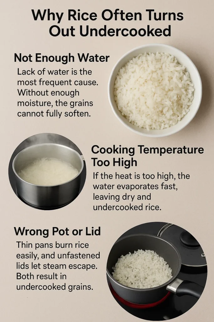 Undercooked white rice grains showing dryness and incomplete cooking due to low water or improper heat control.