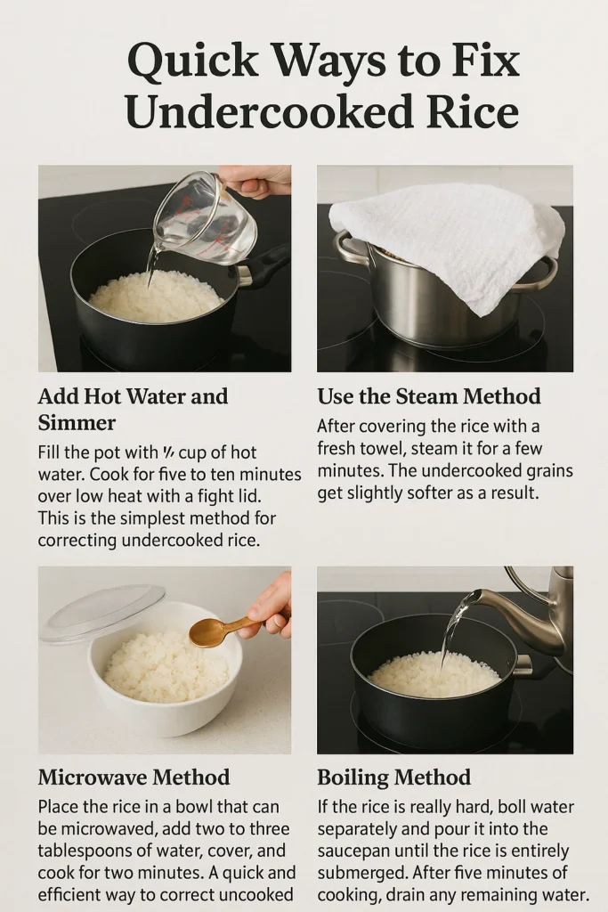 Pot of undercooked rice being fixed by adding water and steaming for a soft, fluffy texture.