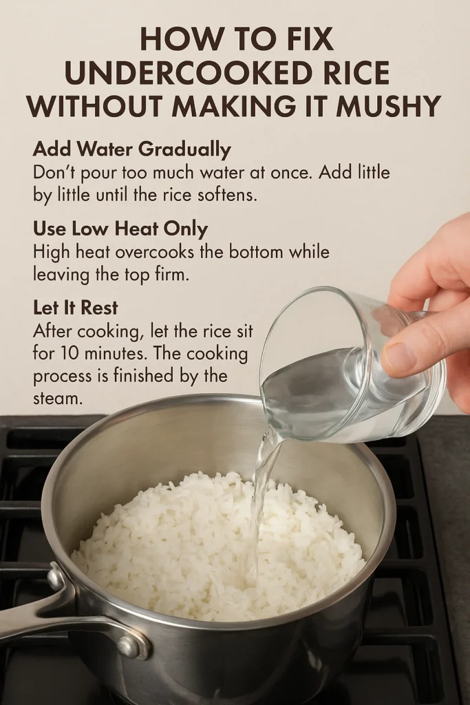 Perfectly cooked rice in a pot with measuring tools, showing methods to prevent undercooked rice.