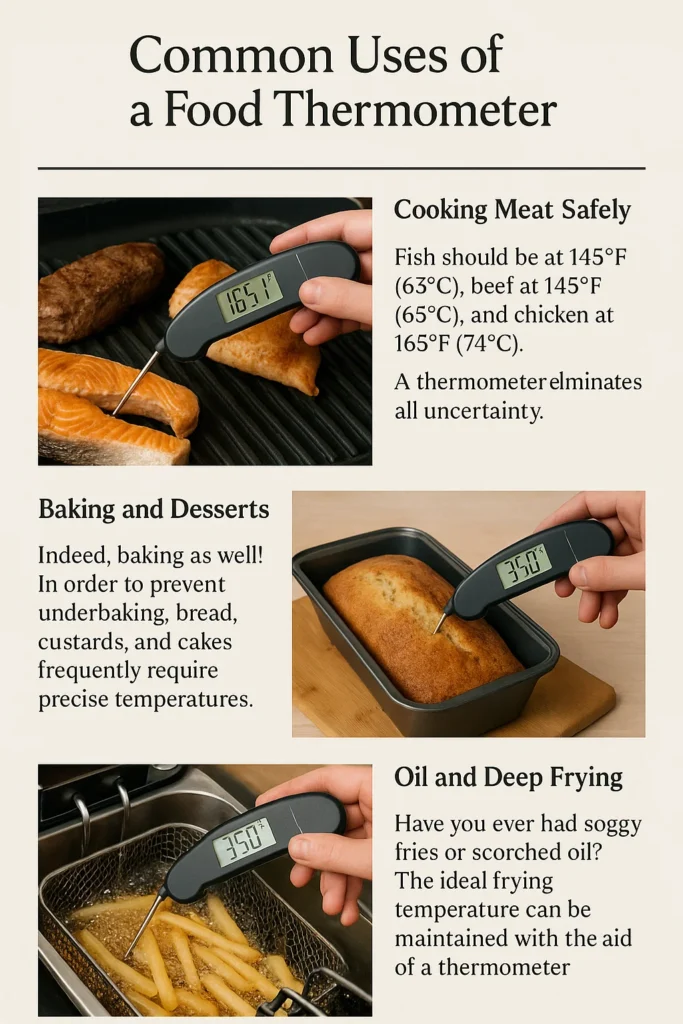 Food thermometer being used for common cooking tasks like checking meat and baked food temperature