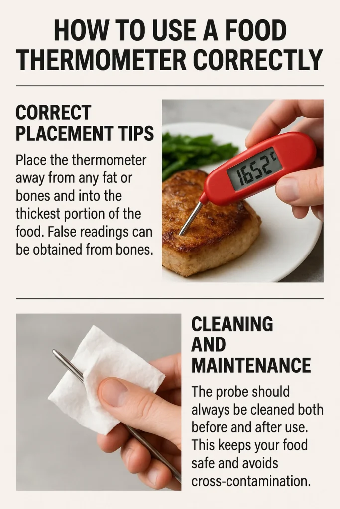 Food thermometer inserted correctly into food to measure accurate internal temperature