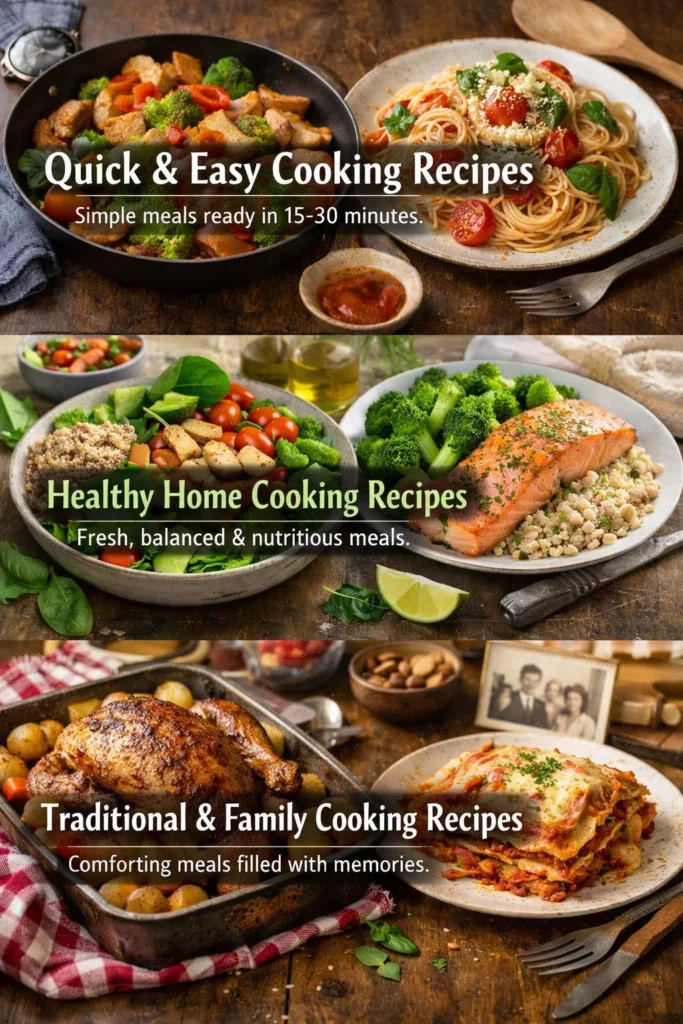 Different types of cooking recipes including healthy, quick, traditional, and baked cooking recipes